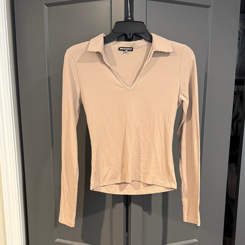 Wearever Women's Beige Collared V-Neck Top